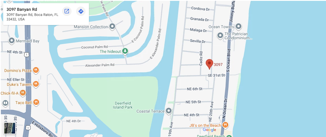 Google map showing 3097 Banyan Road just west of South Ocean Boulevard and the Atlantic coastline